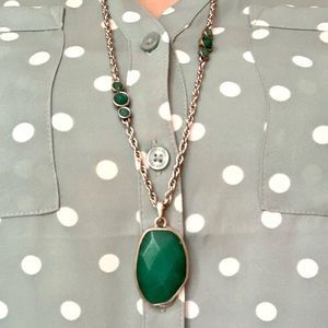 Long Emerald Green Stone Cut Pendant Necklace Vintage